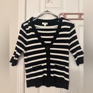 Studio M Black & White Striped V-Neck Button Cardigan
